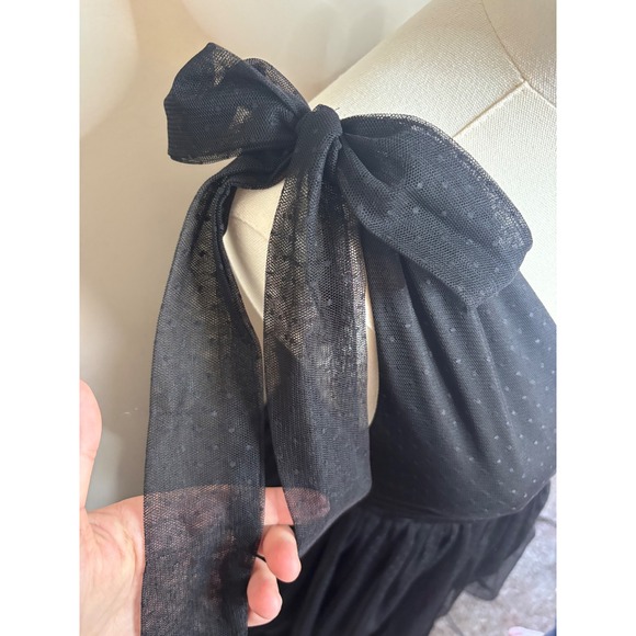 Three Bird Nest BohoBlack Tulle Tiered Midi Dress Swiss Dot Tie Shoulder V-Neck - Picture 4 of 10